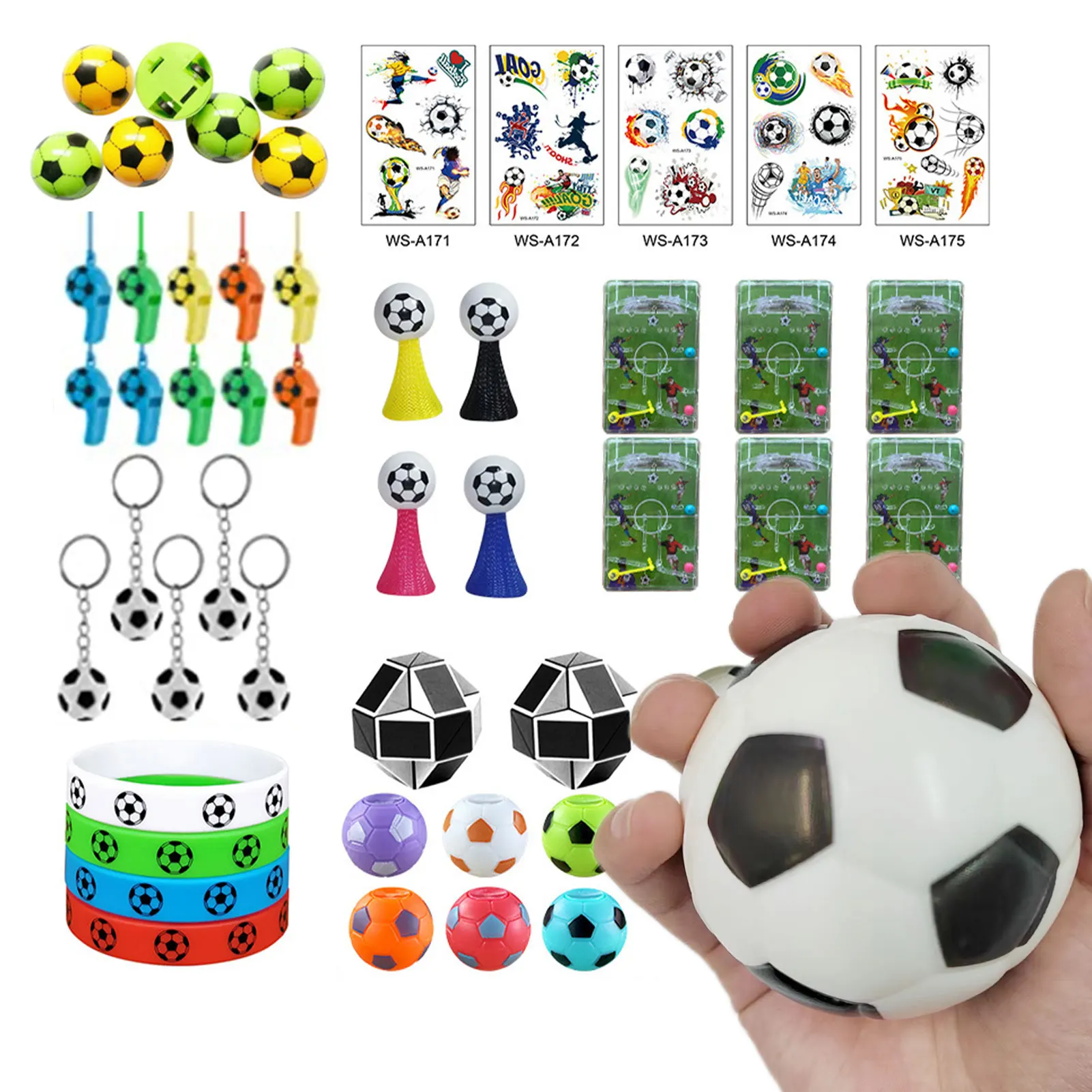 

51pcs 2022 Qatar World Football Cup Party Supplies DIY Hand Soccer Ball Toy Set For Kids Whistle Key Chain Sticker Random Color