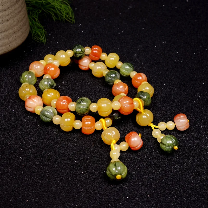 

Natural Colorful Jade Bracelet Chinese Golden Silk Jades Pumpkin Beads Elastic Beaded Bangle Men Women Lucky Amulet Bracelets