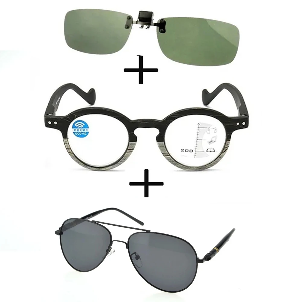 

3 шт.! Прогрессивные многофокальные очки для дальнего и ближнего света для чтения для мужчин и женщин + поляризованные солнцезащитные очки-авиаторы из сплава + зажим для солнцезащитных очков