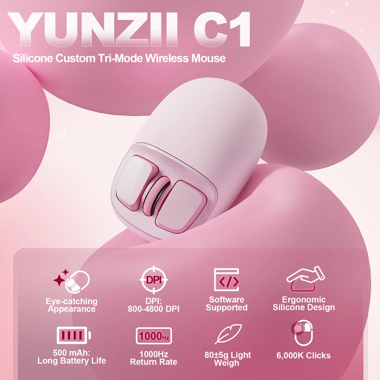 Фото Беспроводная Bluetooth-мышь YUNZII C1, силиконовая, милая, в форме пуфа, три режима работы, перезаряжаемая, для девочек, для офиса, для ноутбуков Apple, Windows, Mac, iOS, Android №2