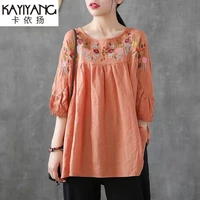 vintage round neck short sleeve embroidered flower blouse womens loose doll shirt summer 2022 new half sleeve cotton top