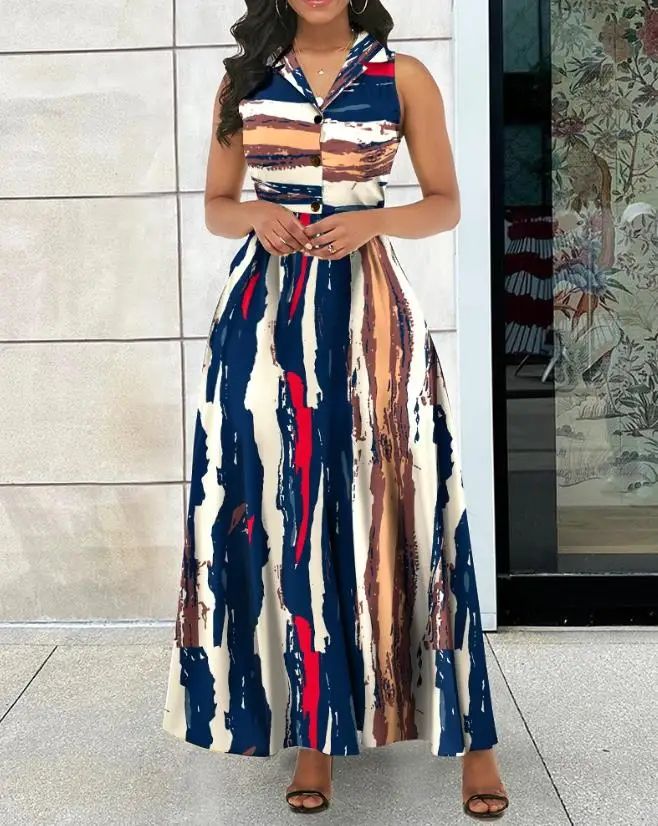 

Dresses for Women 2023 Abstract Print Buttoned Sleeveless Casual Flared Long Dress Fashion New Summer Female Clothing OTTD