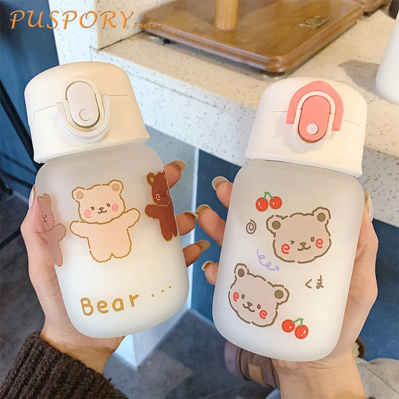 

Baby Drinking Bottle Cute Cartoon Bear Baby Bottle Travel Glass Kids Straw Cup Spring Cover With Hook Up Hot Sale Student Kettle