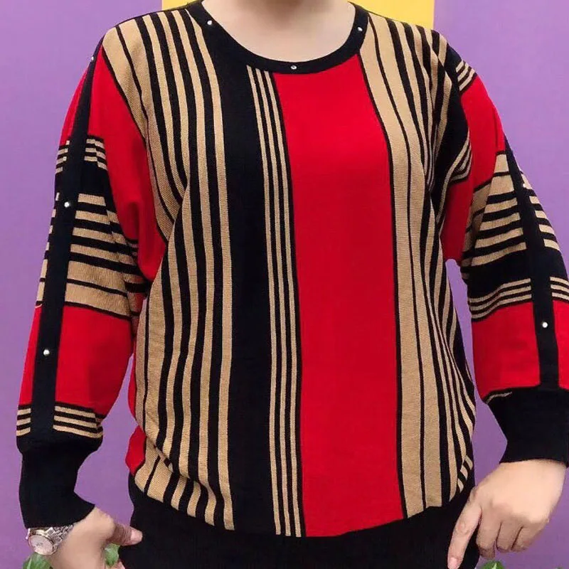Women's Spring Autumn Contrasting Colors Striped Tops Causal Commute Stylish Rivets O-Neck Knitted Long Sleeve Vintage Pullovers