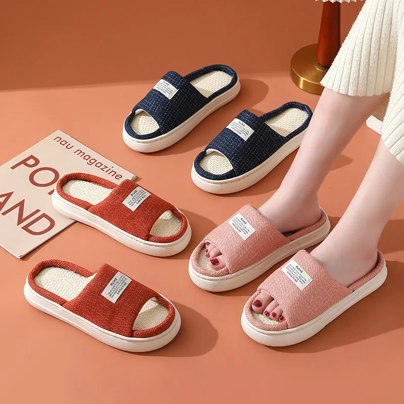 Linen Home Slipper for Womans Concise EVA Light Ladies Shoes Slides Flip Flops Four Season Couples Platform Flat Slippers