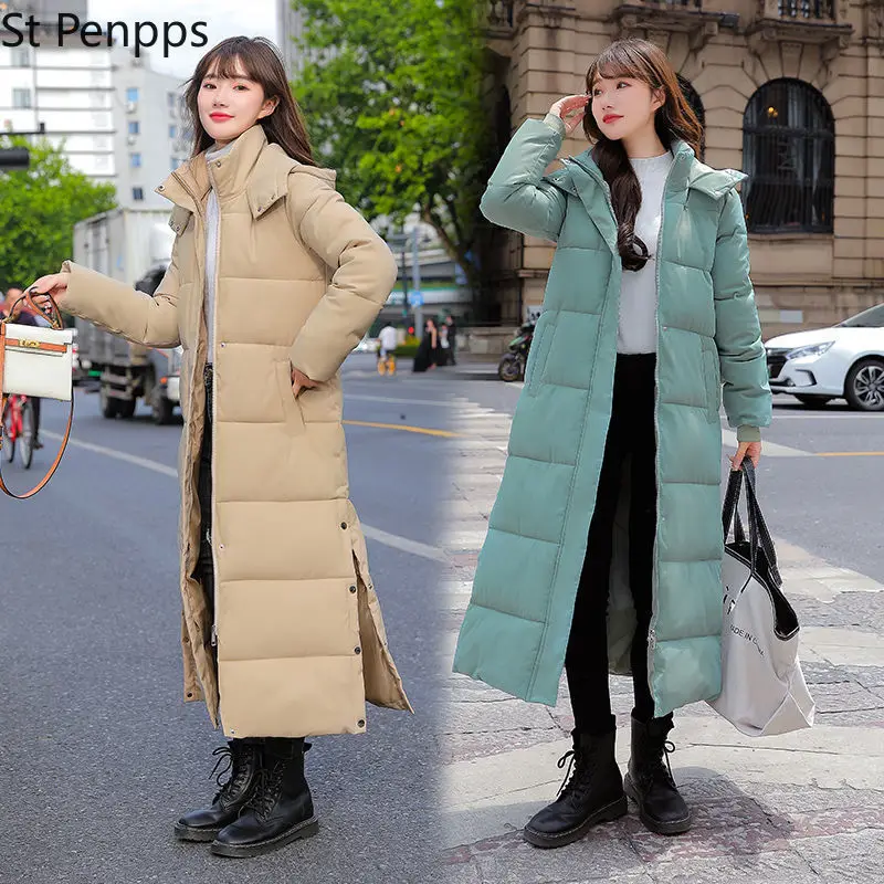 Новинка 2022 длинное зимнее пуховое пальто с капюшоном из хлопка женские