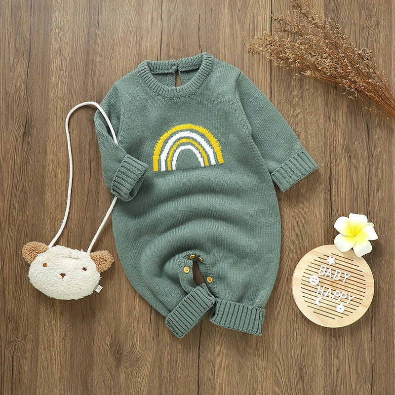 

Baby Rompers Long Sleeve Newborn Infant Kids Girls Rainbow Knitted Jumpsuits Playsuits Autumn Winter Toddler Boys Overalls 0-18m