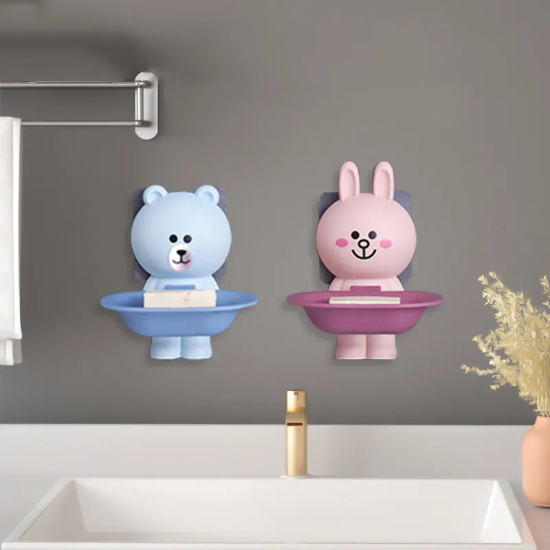 

Cartoon soap box perforation-free wall hanging bathroom rack Bathroom drain rack children's lovely soap rack