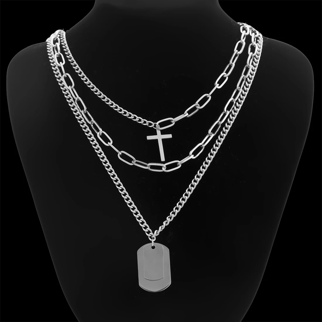 

KunJoe 3pcs/set Hip Hop Multilayer Silver Color Cross Pendant Charms Necklace Splicing Link Chain Necklace for Jewelry Men Women