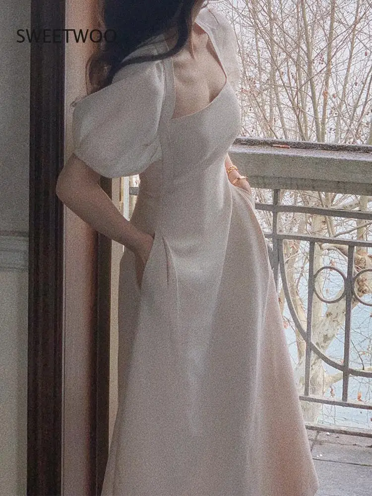 

Женское Элегантное повседневное платье миди с лямкой на шее, белое вечернее платье-трапеция вечерние коротким рукавом, женская модная вече...
