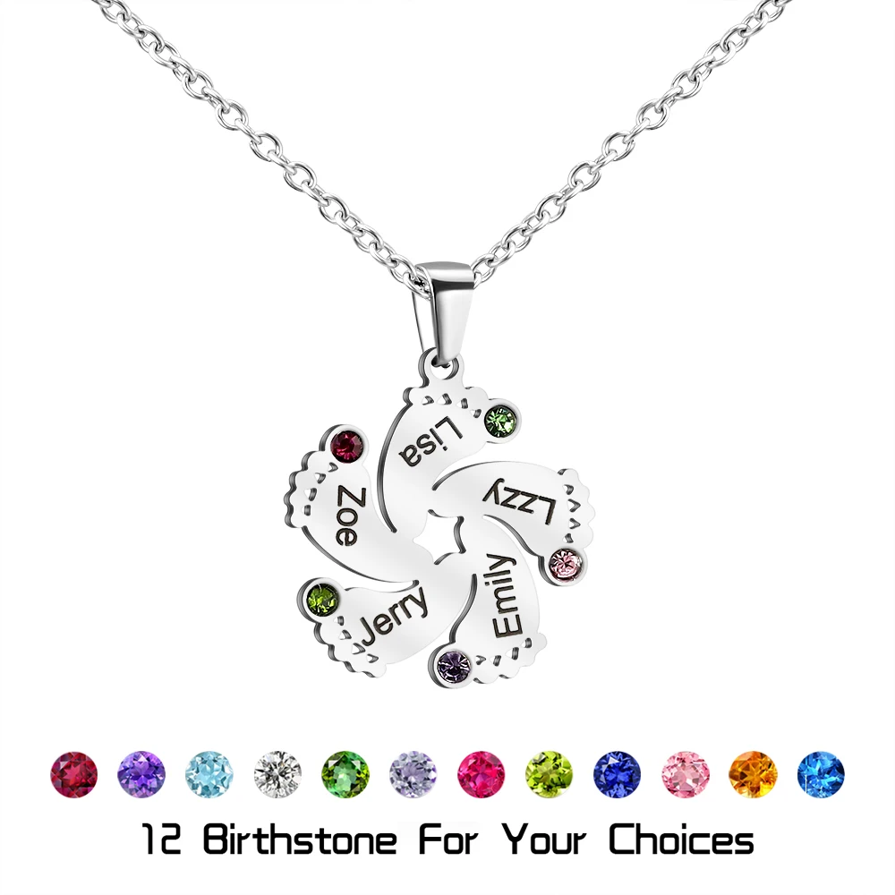 Mother's Day Gift Personalized Baby Feet Birthstone Pendant Necklace Free Engraving Custom Names Foot For Women Daughter Gifts