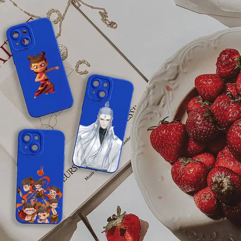 

Chinse Style cartoon ne zha Phone Case For iPhone 13 12 11 Pro MAX Mini X XS XR 7 8 Plus Camera Lens Liquid Silicone Klein Blue