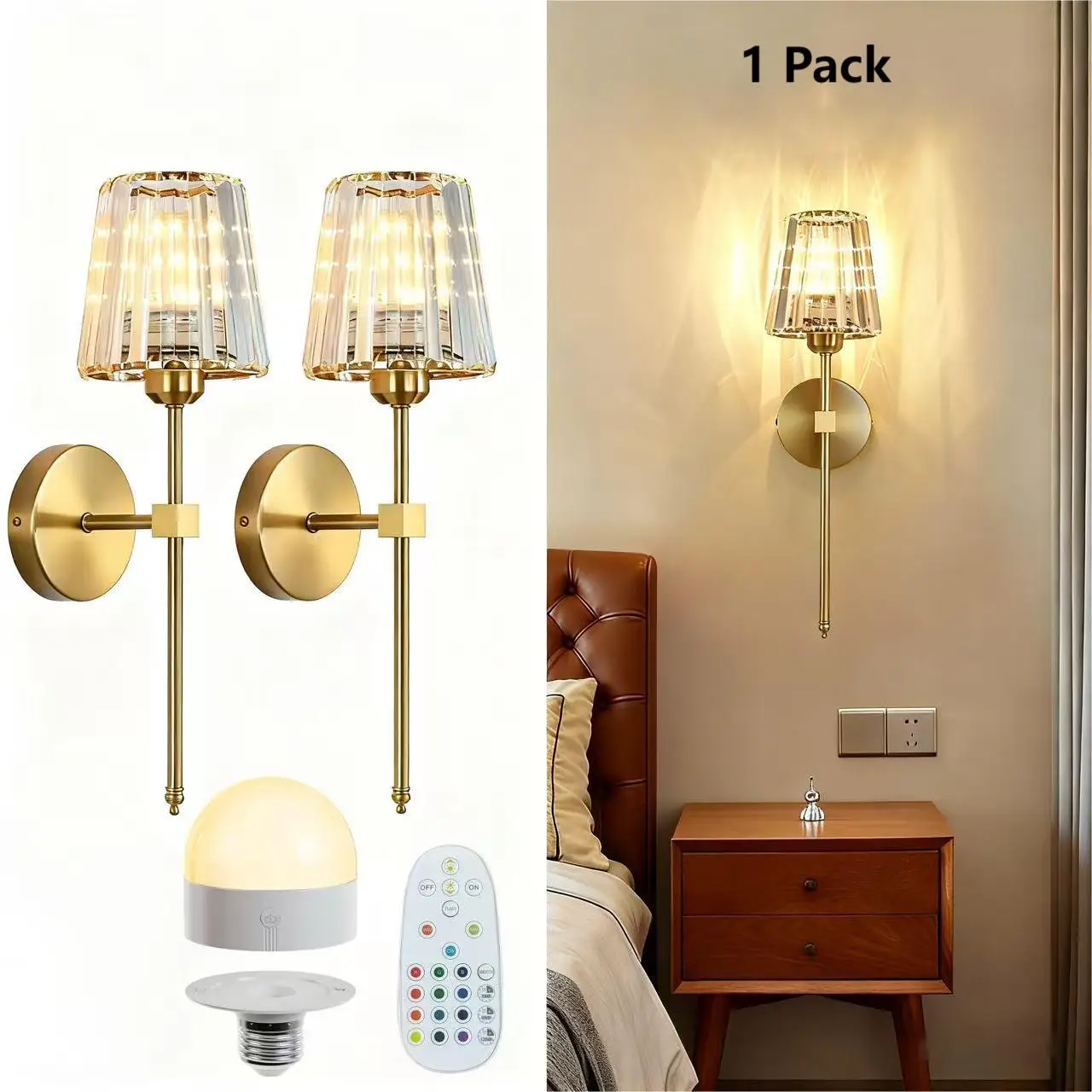 

Золотой перезаряжаемый настенный светильник с хрустальным плафоном