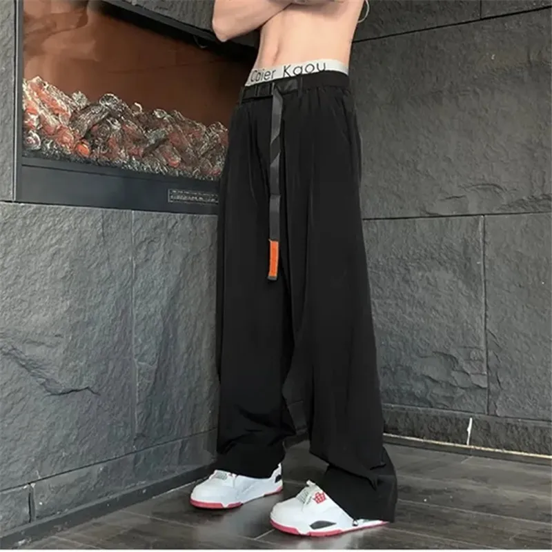 

Trousers Summer New High Street Straight Elastic Ice Silk Casual Pants Men Clothing Fashion Wide Leg Quick Dry Baggy Pants 2023