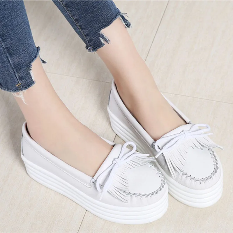 Tassels High Platform Shoe Loafers Women White Genuine Leather Casual Shoes Woman Flats Slip on Black Shoes Plataformas Lolita