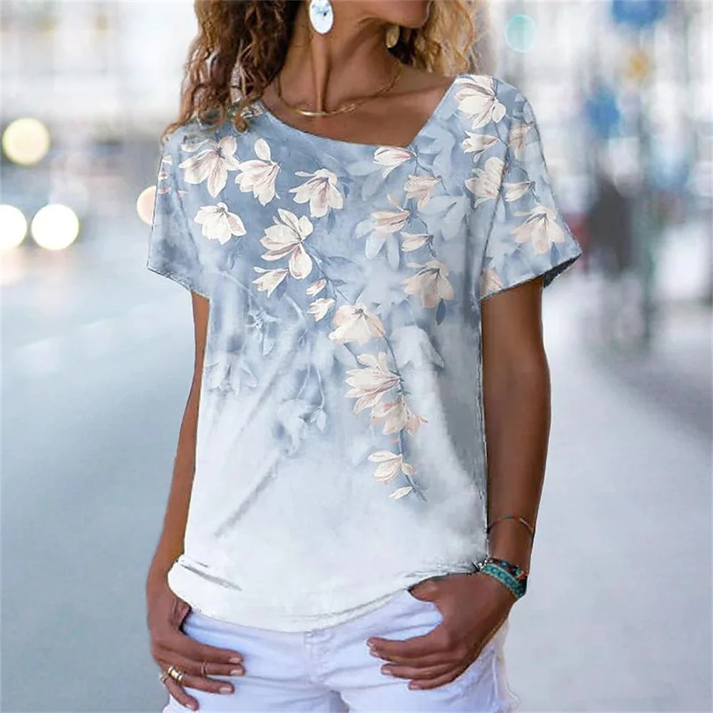 Купи 2022 Summer New Women's 3D Floral Print T Shirt Casual V Neck Short Sleeve Basic Tops Vintage Streetwear Loose Female T-Shirts за 488 рублей в магазине AliExpress