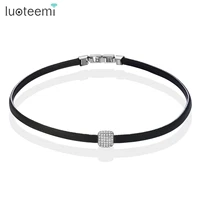luoteemi fashion punk rock gothic necklace sexy pu black leather choker for women square clear cubic zirconia necklace for girls