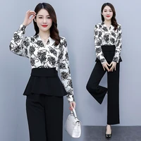 autumn new self cultivation temperament suit fashion stitching v neck top wide leg trousers two piece sets womens outifits