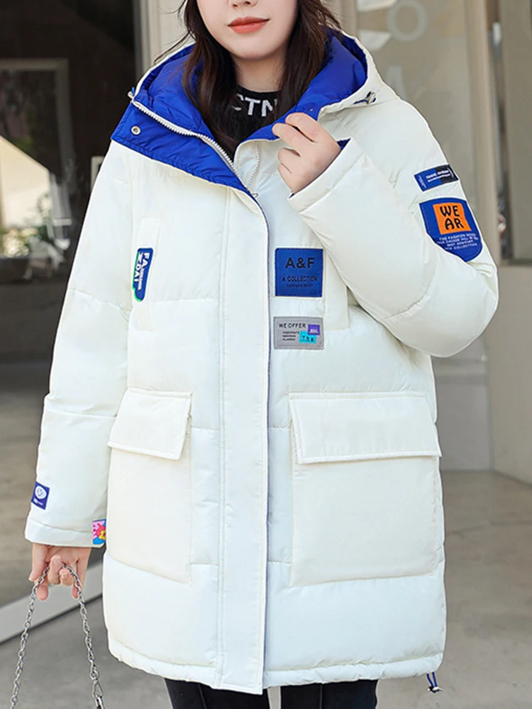 AZYT Winter Hooded Parkas Women Fashion Patchwork Mid Long Down Cotton Coats For Women 2022 New Thicken Warm Winter Jacket