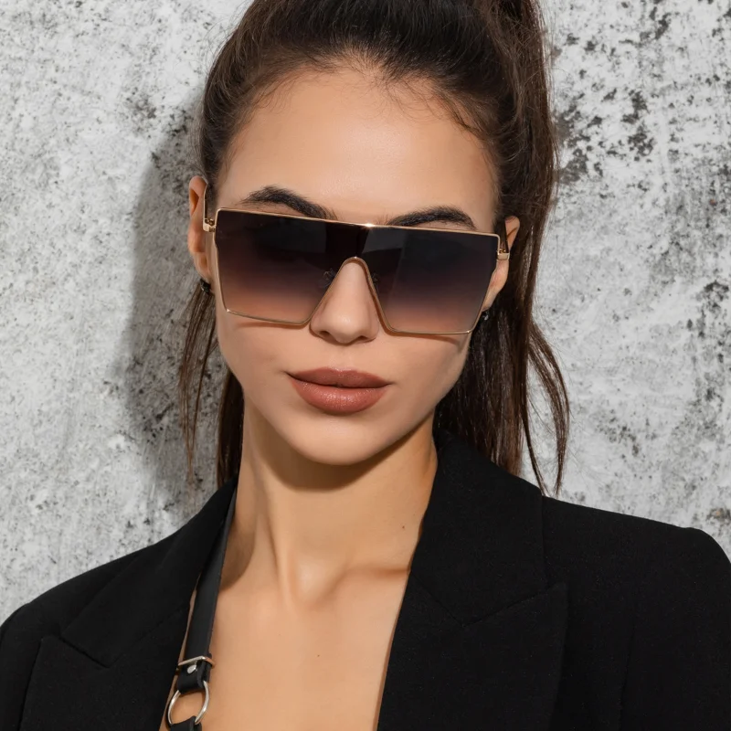 

Fashion Big Frame Square Sun Glasses Women One Piece Metal Sunglasses Street Beat Trendy Sunglasses Metal UV400