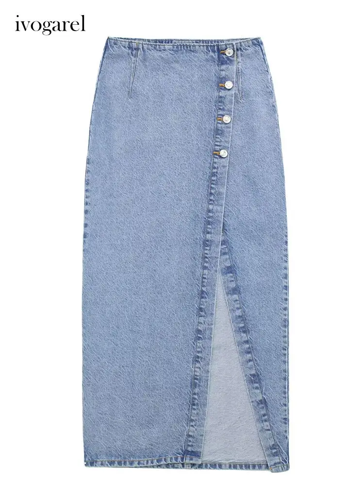 

Ivogarel Summer Woman's High Waist Denim Midi Skirt with Patch Pocket Detail Female Casual Front Side Slit Skirt