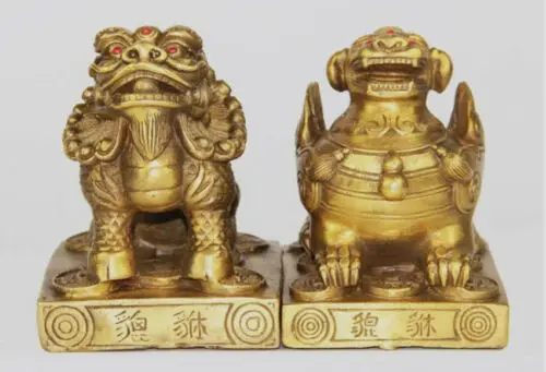 Antiques Pair Chinese sacred Bronze dragon Pixiu statues 3.6"H each