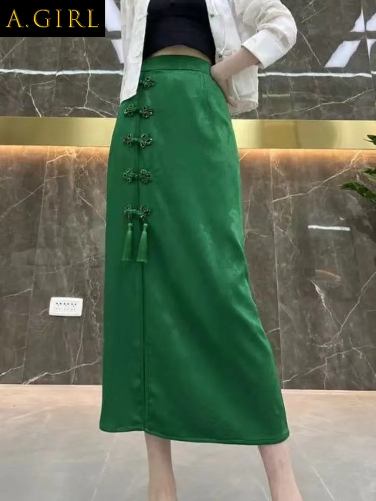

A GIRLS Midi Skirts Women Chinese Style Buttons Slit-Designed Elegant Retro Tassel A-line Office Lady Temper Aesthetic Literary
