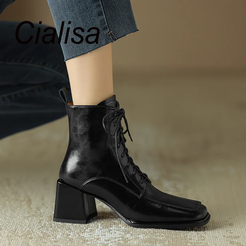 

Cialisa Black Short Boots Women Square Toe Autumn Winter Shoes Genuine Leather Handmade Lady High Heel Zipper Ankle Boots 2023
