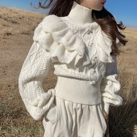 ruffled white knitted sweater women 2022new fashion vintage twist turtleneck lantern sleeve elegant pullovers top female knitwea