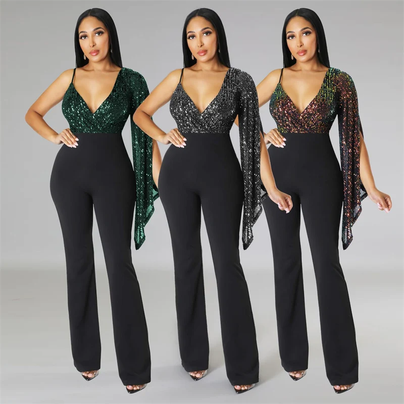 Znaiml Elegant Evening One Pieces Romper Party Birthday Backless Overalls for Women Sexy One Shoulder Patchwork Sequin Jumpsuit