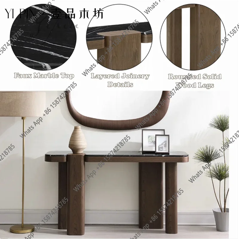 Фото Стол для прихожей OJ Nordic Light Luxury из массива дерева, минималистичный скандинавский дизайн, мраморная столешница, современный простой шкаф для прихожей из массива дерева. №3