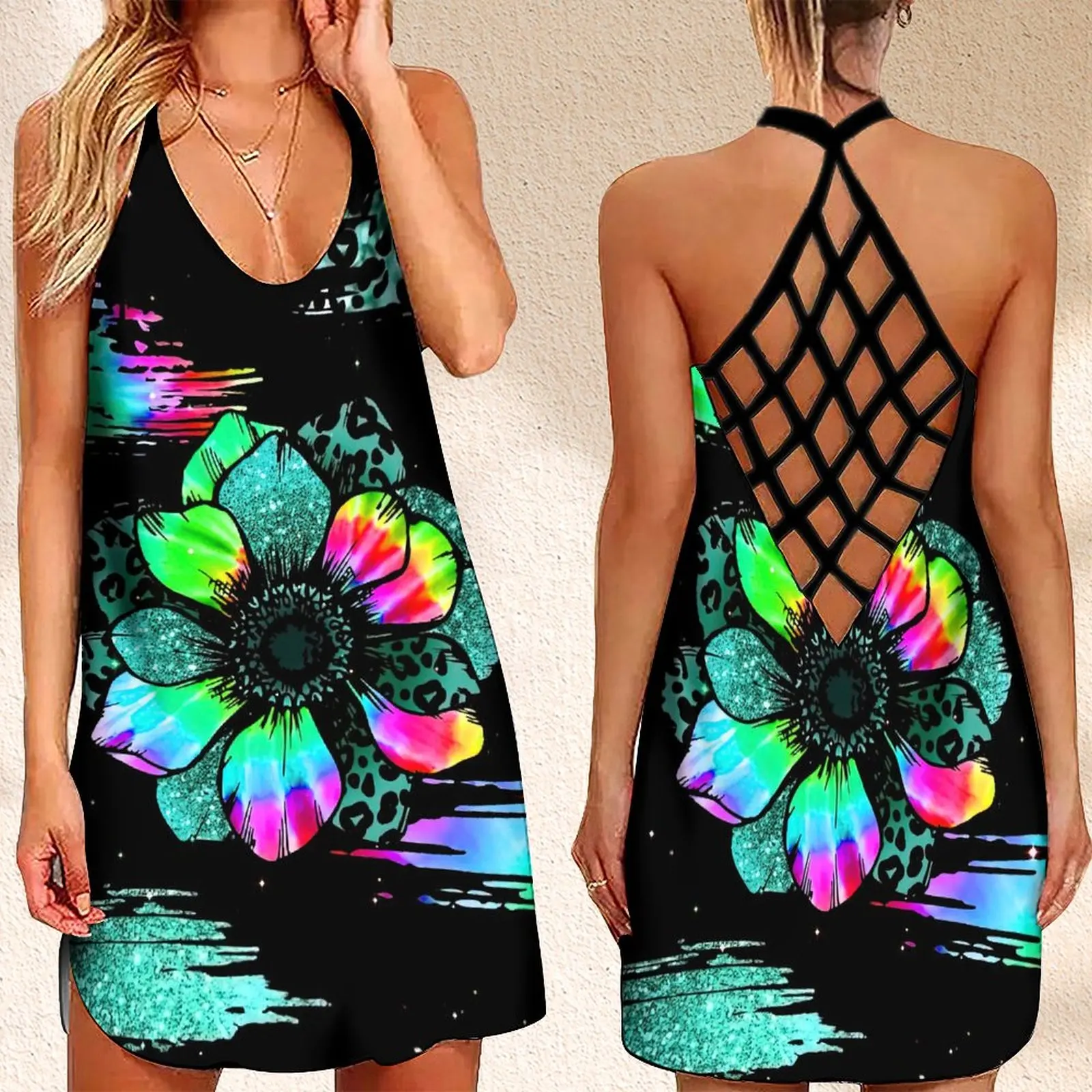 

Женское платье без рукавов, Элегантное летнее платье с леопардовым принтом подсолнухов и открытой спиной, лето 2023