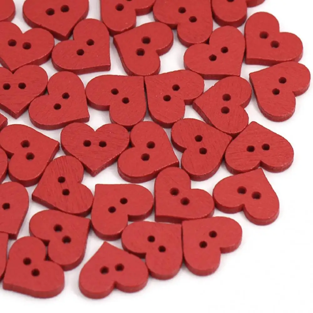 

100Pcs 2 Holes Red Love Heart Wooden Button Clothes DIY Sewing Accessory Decor Red Simple Button