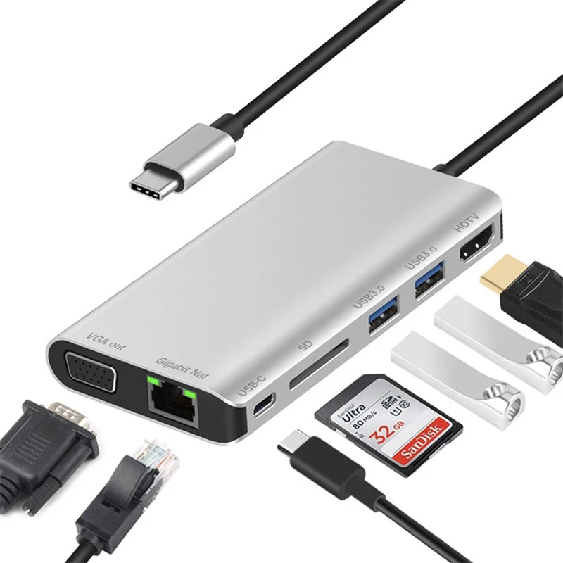 

USB C 8 in 1 Hub Type C 3.1 to 100/1000M 4K HDMI-Compatible 1080P VGA USB3.0 USB Splitter TF SD Card RJ45 LAN for MacBook Pro M1