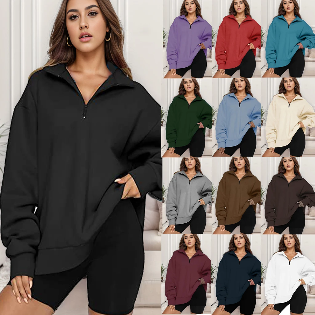 

Europe America Style Autumn Winter Casual Sport Womens Turtleneck Loose Cotton Blended Solid Colors Sweatshirts Pullover Hoodies