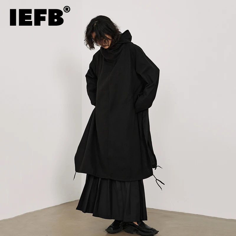 

IEFB Men's And Women Same Irregular Hooded Woolen Sweater Solid Color Split Long Coat Autumn Trendy Harajuku Style Trench 9C753