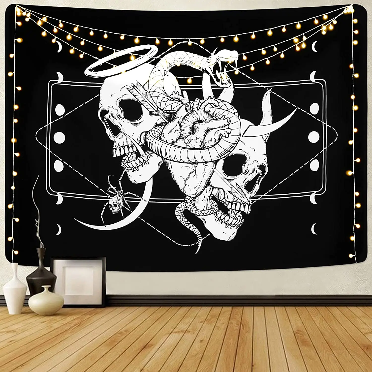 Skull Tapestry Skeleton Tapestry Gothic Tapestry Human Heart Tapestry Snake Moon Phase Tapestry Black and White Tapestry