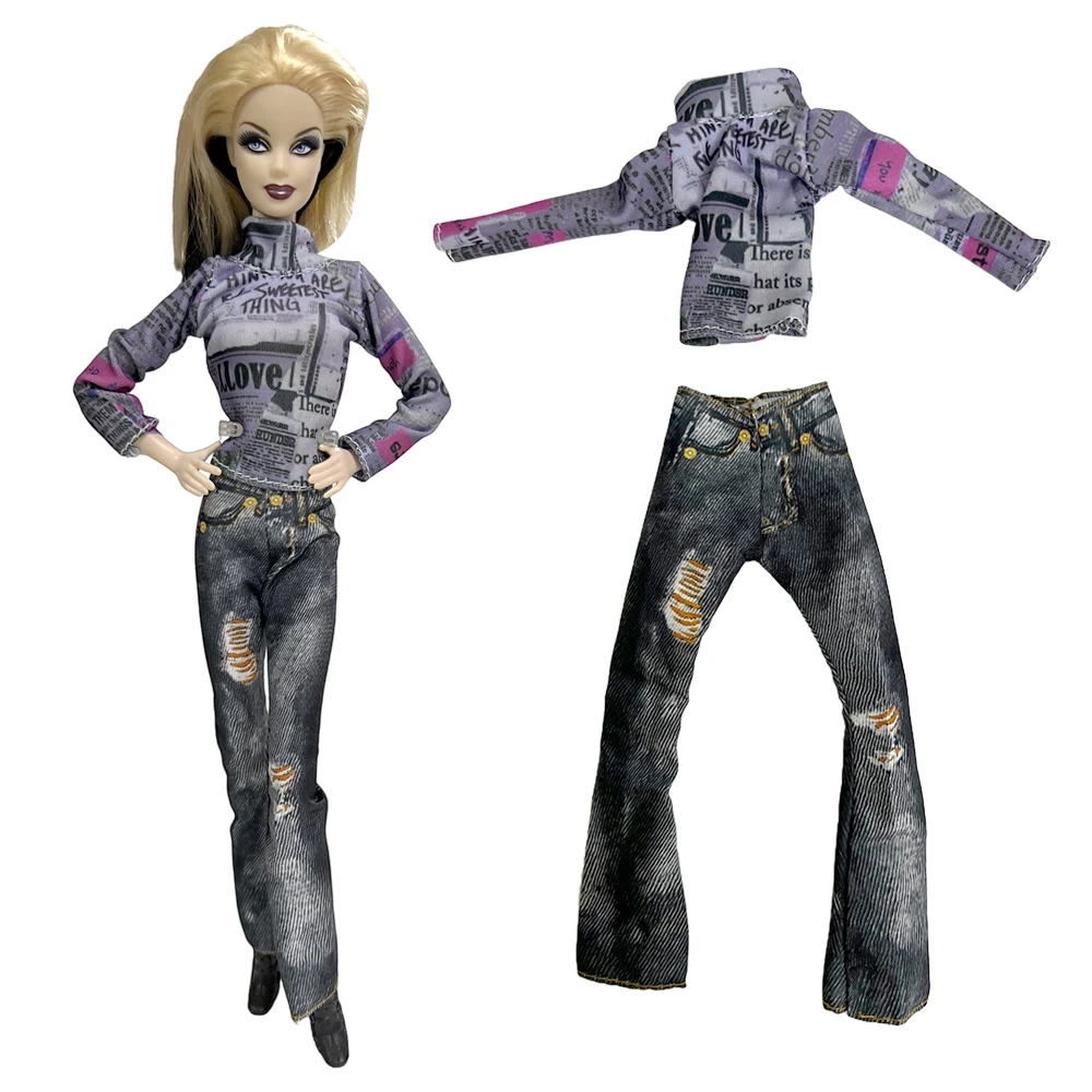 NK Official 2 Pcs Doll Street painter style long-sleeved shirt + artistic imitation hole jeans For Barbie Accessories Toys Gifts