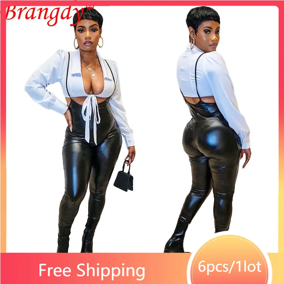 

Брюки с подтяжками женские, пикантный топ из искусственной кожи на шнуровке, комплект из 2 предметов, комбинезон, 6 комплектов, B10352