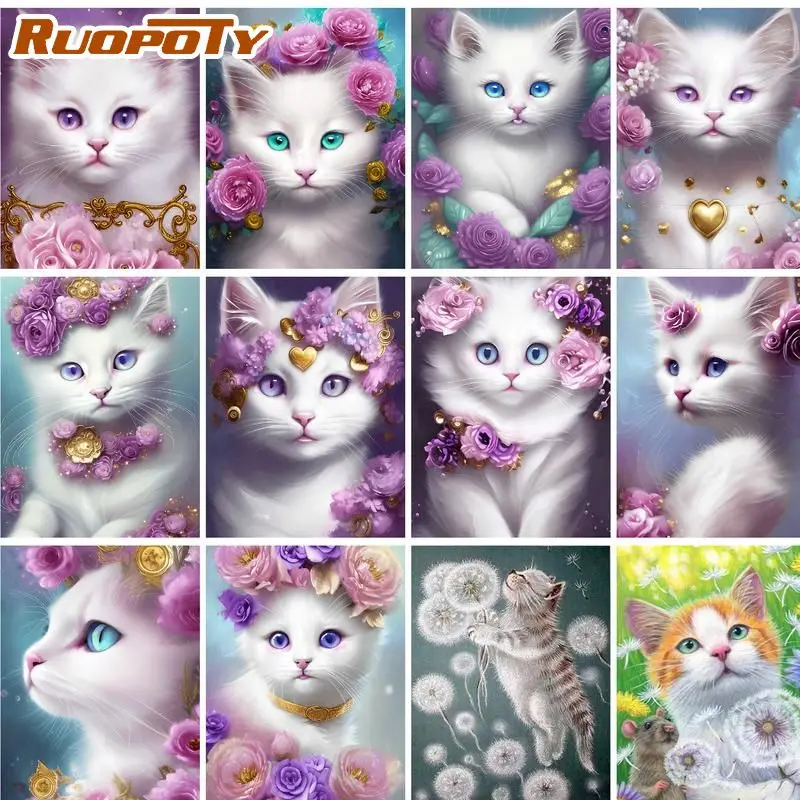

RUOPOTY Paint By Numbers Kits White Cat Animal Picture By Number Handmade DIY Gift 40x50 Framed On Canvas Home Decor Art