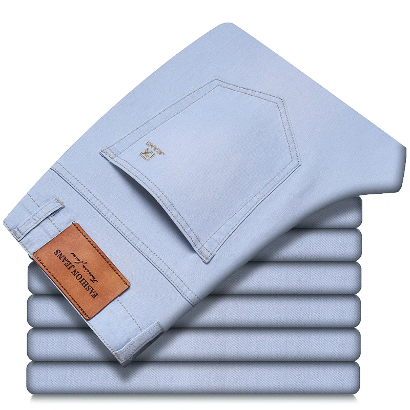 

Качественные модные брендовые прямые небесно-Стрейчевые джинсы синие высокие Свободные Новые повседневные брюки мужские осенние классические хлопковые брюки 2020