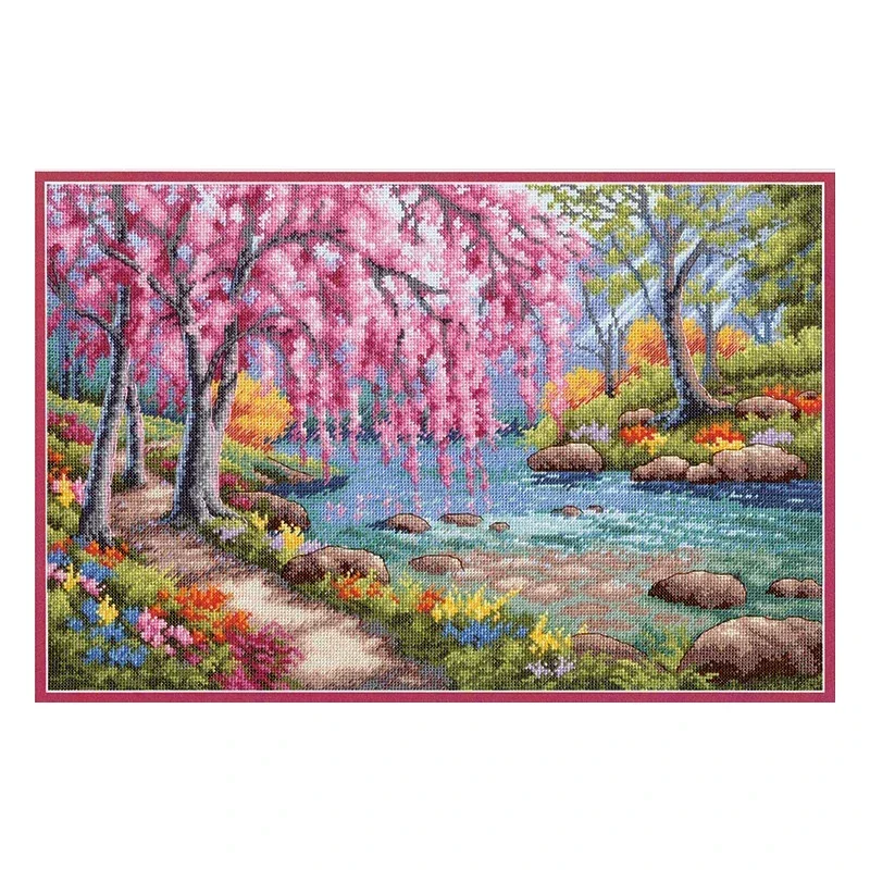 Amishop Gold Collection Lovely Набор для вышивки крестом Cherry Blossom Creek Flowers Forest Stream Dim 70-35374