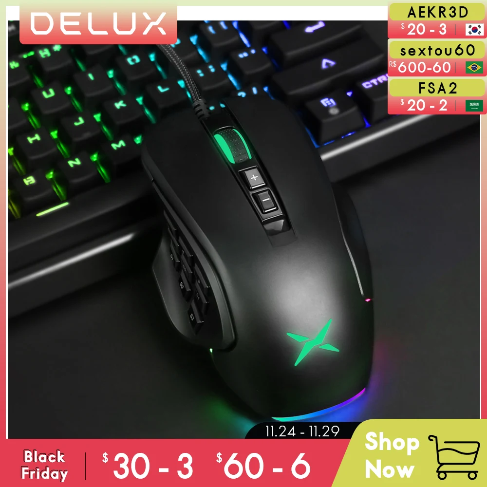 

Delux M631 Wired MMO Gaming Mouse RGB Backlit 9 Side Buttons High Precision 12400 DPI Computer Mice For MOBA/FPS Games