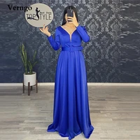 verngo dusty blue satin long sleeves evening dresses simple v neck sash modest women formal prom dress plus size vestidos