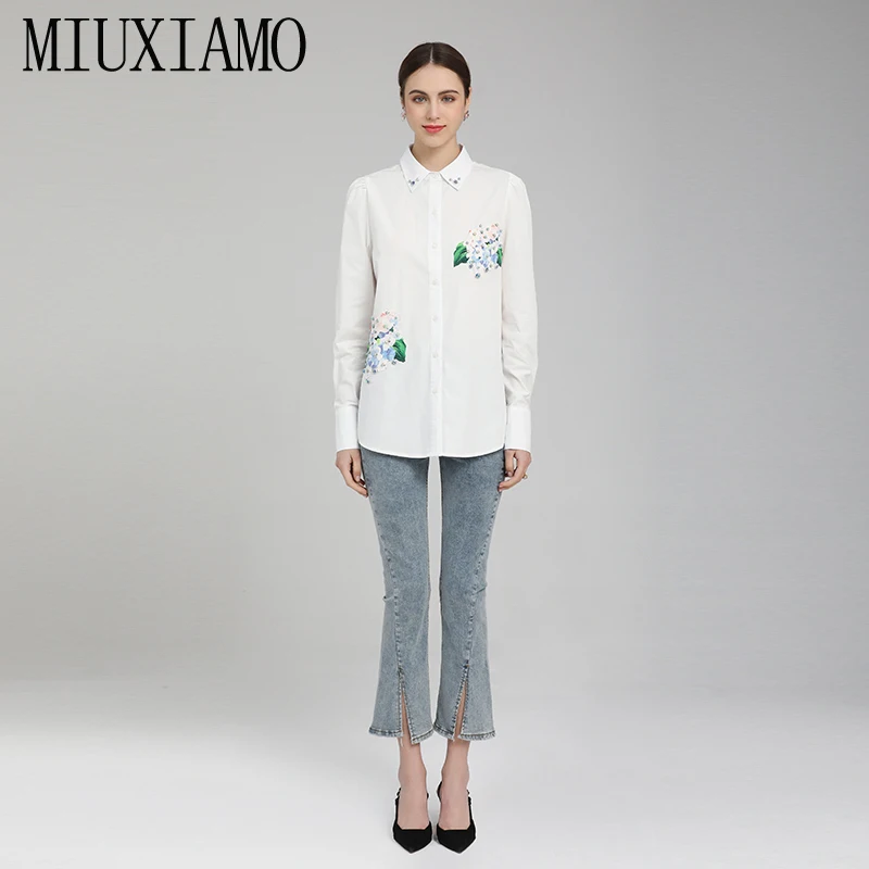 MIUXIMAO 2022 Spring/ Summer Women's Clothing Lapel Long Sleeve Slim Waist Printing Shirt Fashion Elegant Office Style  Shirts