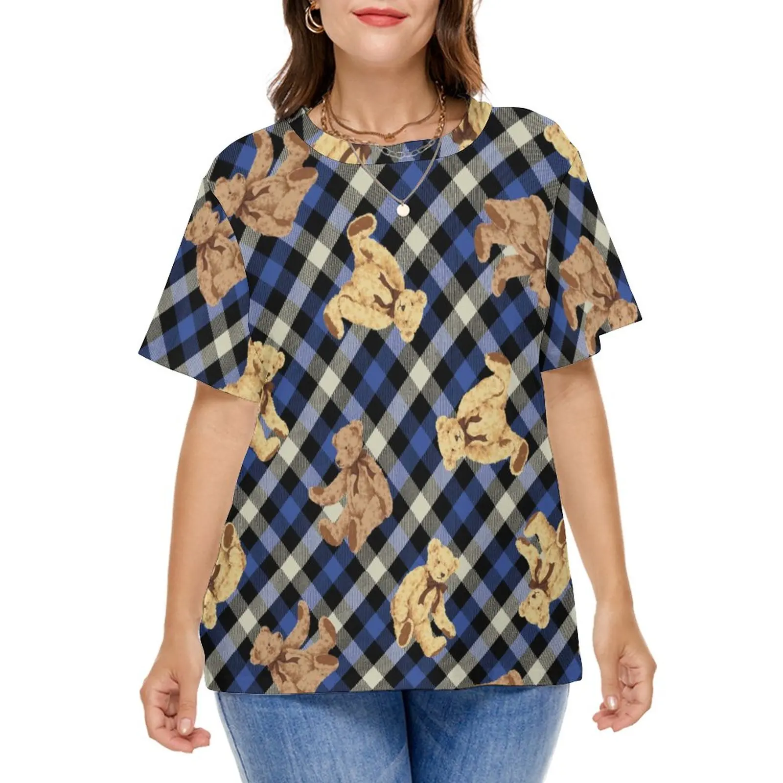 

Футболка в клетку с изображением медведя, красивые футболки с изображением коричневых медведей, уличная одежда с коротким рукавом, футболк...
