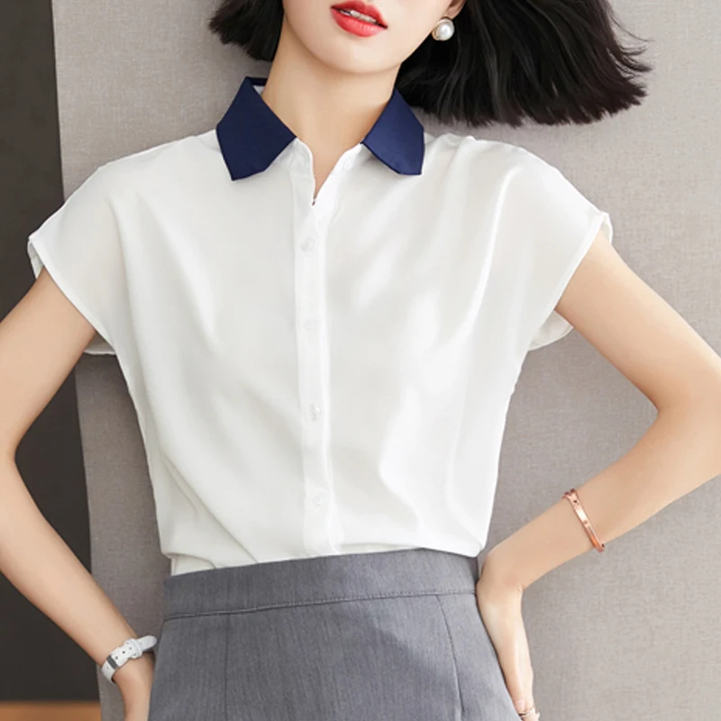 

Summer Women's Short Sleeved Lapel Raglan Sleeves Solid Color Patchwork Simple Commuting Chiffon Shirt Blouse Women Tops C903