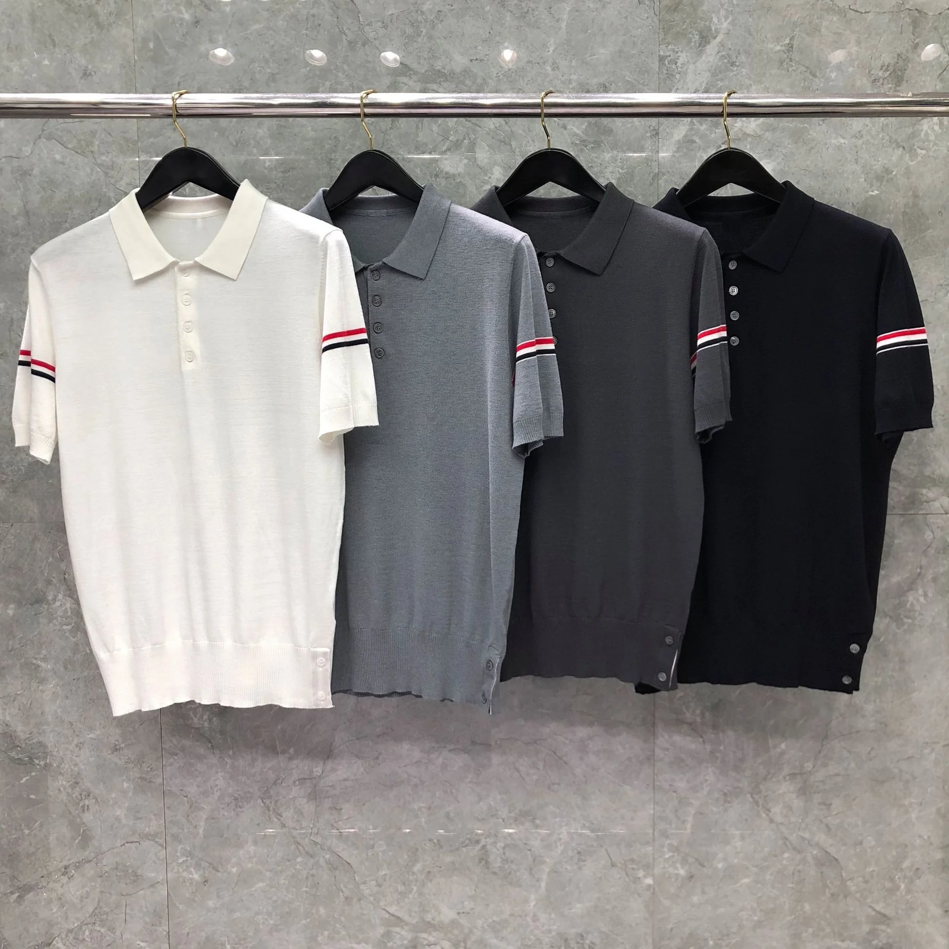 

TB 2023 Fashion Brand THOM Polo Shirts Men Casual Slim Cotton Polos Turn Down Collar Summer Short Sleeve Striped Polo Clothing