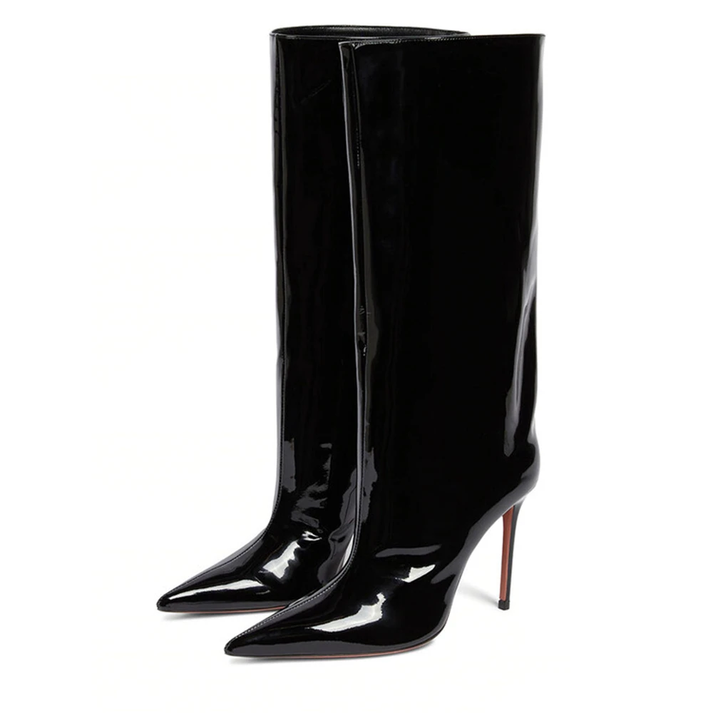 Lacquer Leather Women's Boots Slip--on Pointed Toe Stiletto Heels Mid-Calf Hot Selling Fashion Modern High Heel For Ladies New