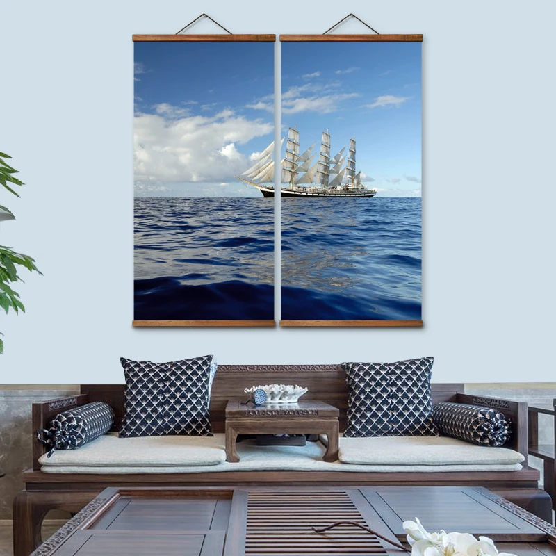 

MT2006 Chinese Style sailing boat Decorative Wall Art Canvas Posters Solid Wood Scroll Paintings